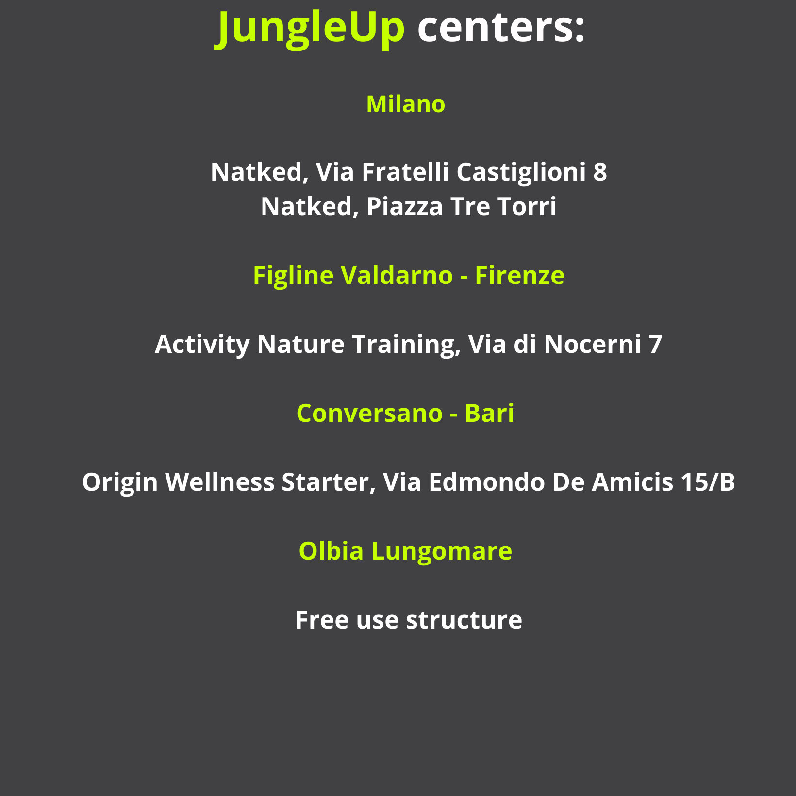 Complete list off all JungleUp centers and affiliated gym.